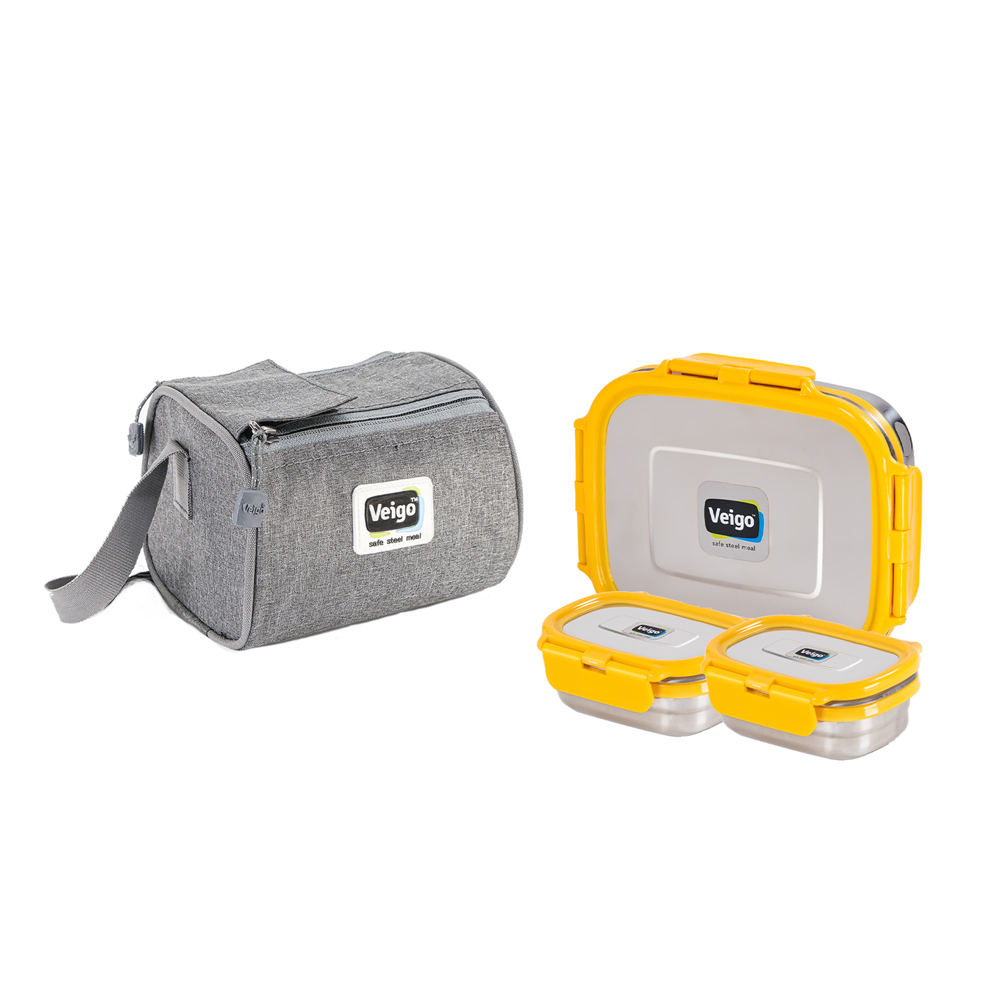 Veigo Daftar- Stainless Steel Large Lunch Box with Dual Veg Box in an Insulated Lunch Bag (All Ages)