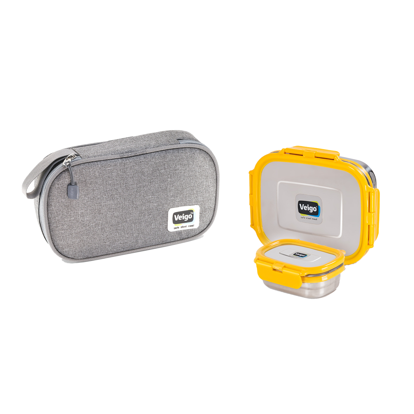 Veigo On The Go - Stainless Steel Large Lunch Box with Veg Box in a Flat Insulated Pouch (All Ages)