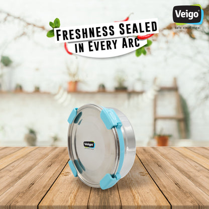 Veigo Maxosteel Stainless Steel Round Storage Box with Reversible Clip Mechanism (All Ages)