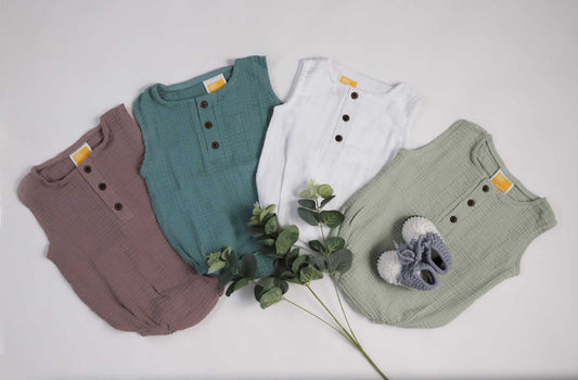 Organic Muslin Cotton Unisex Sleeveless Rompers (0-1 Years)