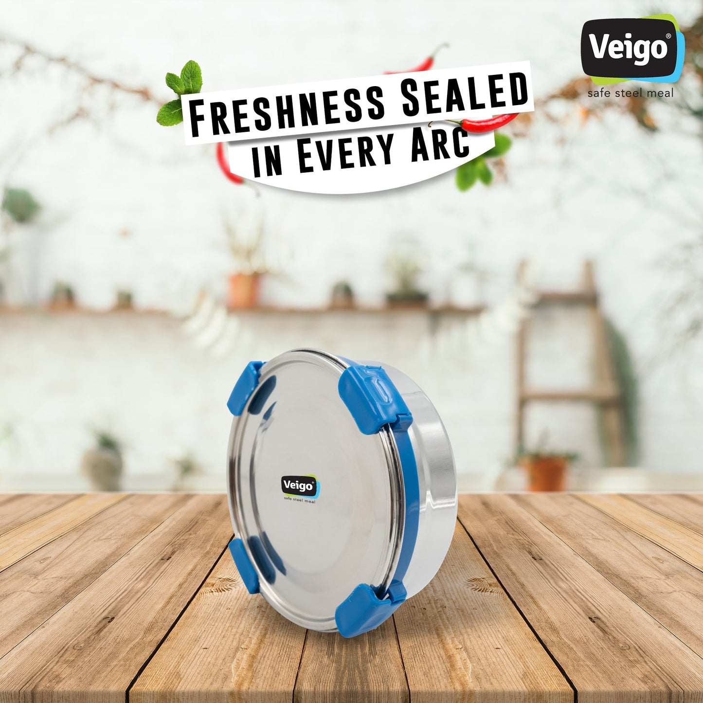 Veigo Maxosteel Stainless Steel Round Storage Box with Reversible Clip Mechanism (All Ages)
