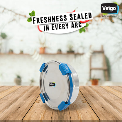 Veigo Maxosteel Stainless Steel Round Storage Box with Reversible Clip Mechanism (All Ages)