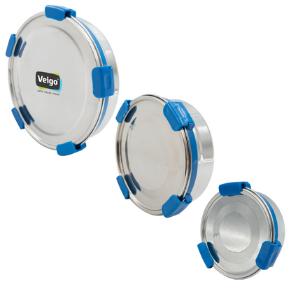 Veigo Maxosteel Round Storage Boxes with reversible clip mechanism- Set of 3 lunch boxes containers (All Ages)
