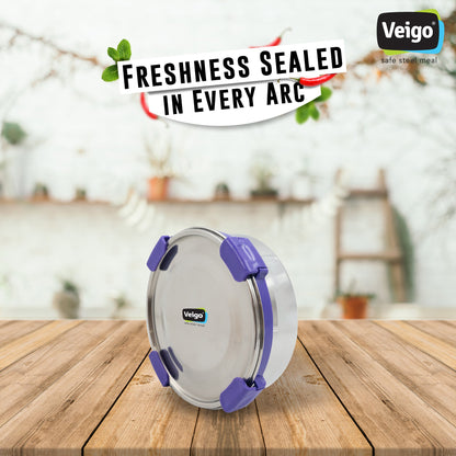 Veigo Maxosteel Stainless Steel Round Storage Box with Reversible Clip Mechanism (All Ages)