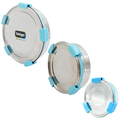 Veigo Maxosteel Round Storage Boxes with reversible clip mechanism- Set of 3 lunch boxes containers (All Ages)