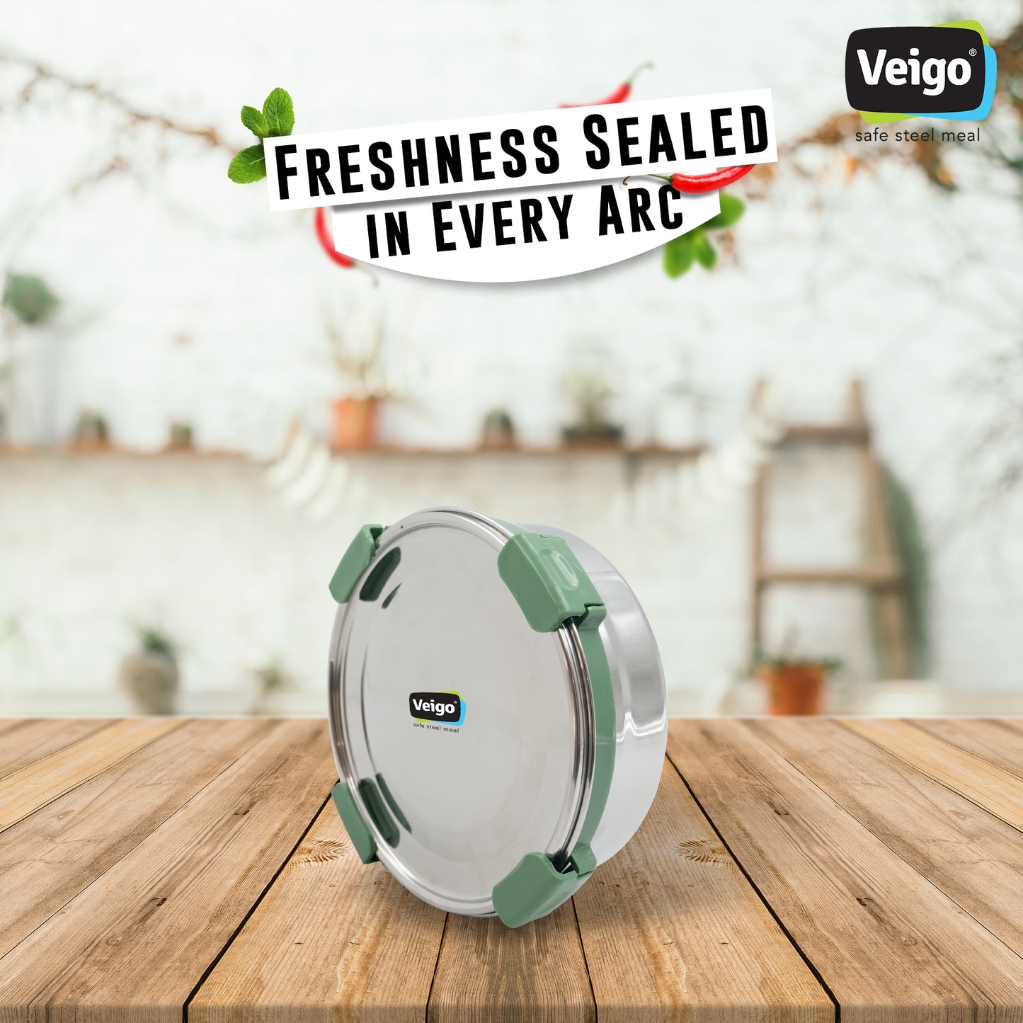 Veigo Maxosteel Stainless Steel Round Storage Box with Reversible Clip Mechanism (All Ages)