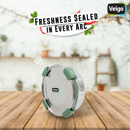 Veigo Maxosteel Stainless Steel Round Storage Box with Reversible Clip Mechanism (All Ages)