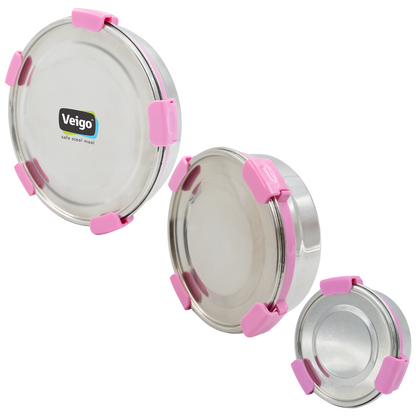Veigo Maxosteel Round Storage Boxes with reversible clip mechanism- Set of 3 lunch boxes containers (All Ages)