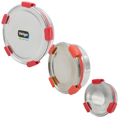 Veigo Maxosteel Round Storage Boxes with reversible clip mechanism- Set of 3 lunch boxes containers (All Ages)