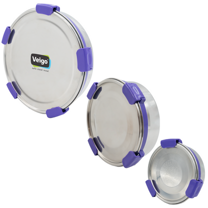 Veigo Maxosteel Round Storage Boxes with reversible clip mechanism- Set of 3 lunch boxes containers (All Ages)