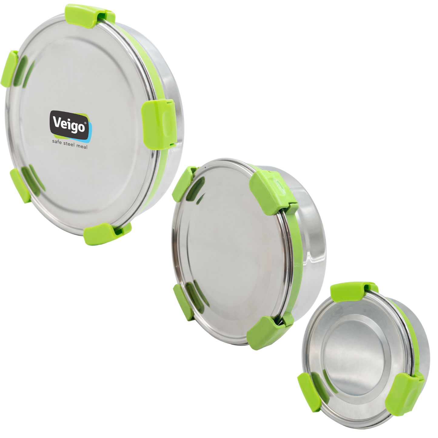 Veigo Maxosteel Round Storage Boxes with reversible clip mechanism- Set of 3 lunch boxes containers (All Ages)