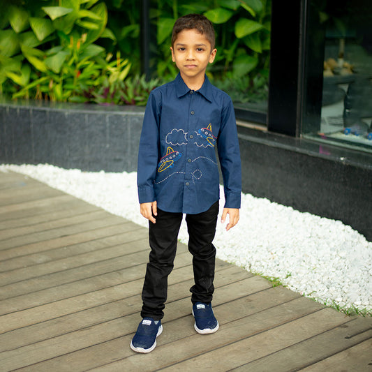 Aeroplane Embroidered Shirt - Navy (1-10 Years)