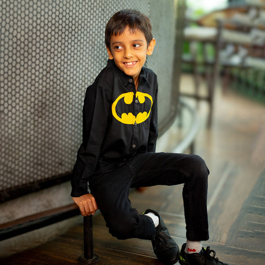 Bat Superhero Chest Icon Embroidered Organic Cotton Shirt - Black (1-14 Years)