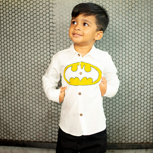 Bat Superhero Chest Icon Embroidered Organic Cotton Shirt - White (1-14 Years)