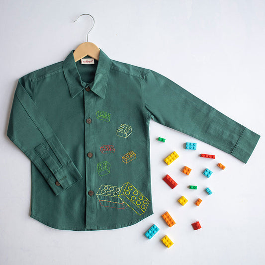 Building Blocks Embroidered Unisex Shirt - Bottle Green (1-8 Years)