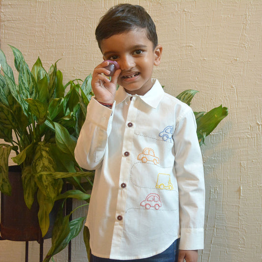 Cars on Road Embroidered Shirt - White (1-14 Years)
