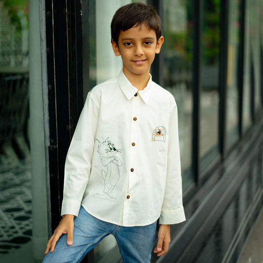 Cat and Mouse Cartoon Embroidered Organic Cotton Shirt - White (1-14 Years)