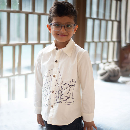 Chess Checkmate Embroidered Organic Cotton Shirt - White (1-10 Years)