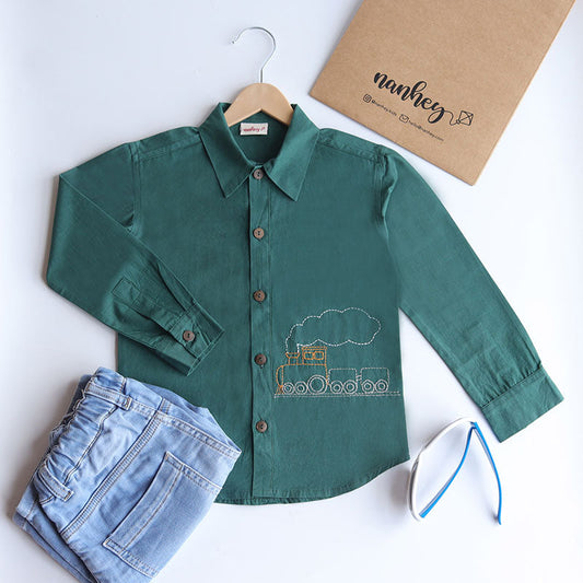 Chuk Chuk Embroidered Formal Shirt - Bottle Green (1-8 Years)