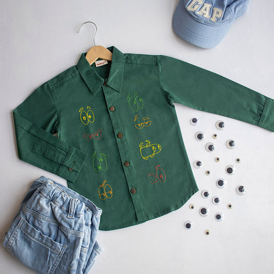 Colourful Emoji Eyes Embroidered Unisex Shirt - Bottle Green (1-8 Years)