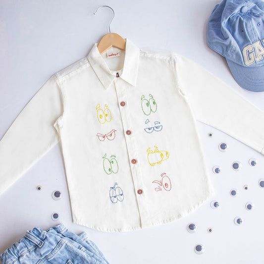 Colourful Emoji Eyes Embroidered Unisex Shirt - White (1-14 Years)