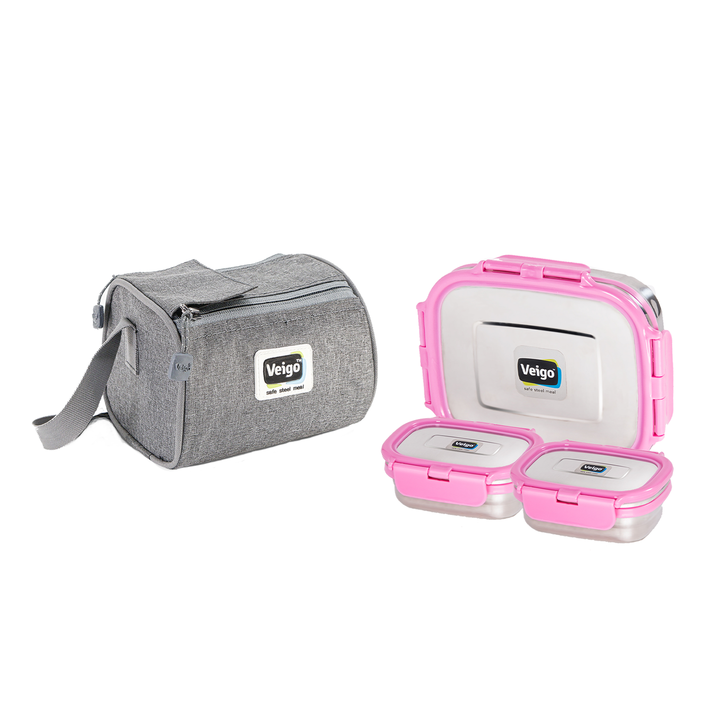 Veigo Daftar- Stainless Steel Large Lunch Box with Dual Veg Box in an Insulated Lunch Bag (All Ages)