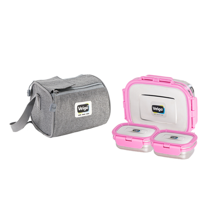 Veigo Daftar- Stainless Steel Large Lunch Box with Dual Veg Box in an Insulated Lunch Bag (All Ages)