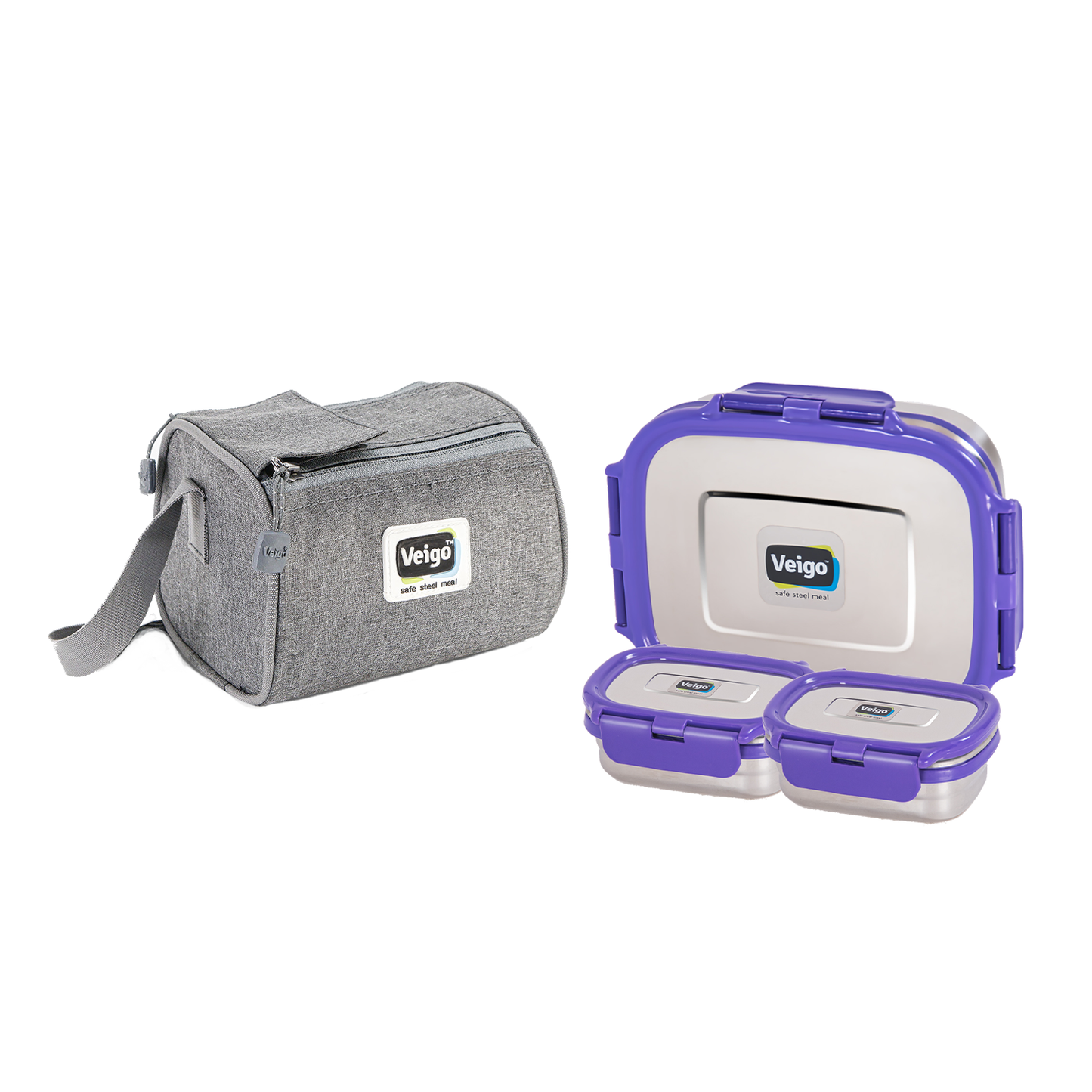Veigo Daftar- Stainless Steel Large Lunch Box with Dual Veg Box in an Insulated Lunch Bag (All Ages)