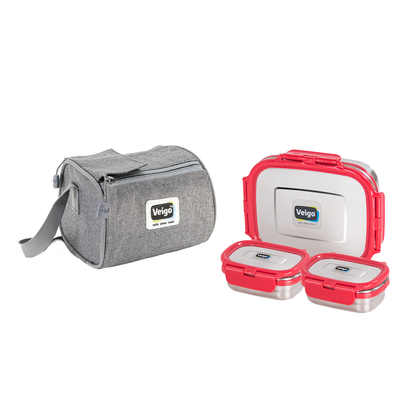 Veigo Daftar- Stainless Steel Large Lunch Box with Dual Veg Box in an Insulated Lunch Bag (All Ages)