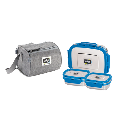 Veigo Daftar- Stainless Steel Large Lunch Box with Dual Veg Box in an Insulated Lunch Bag (All Ages)