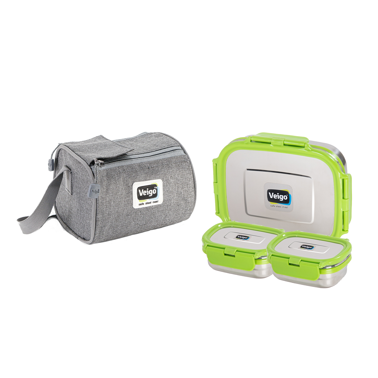 Veigo Daftar- Stainless Steel Large Lunch Box with Dual Veg Box in an Insulated Lunch Bag (All Ages)