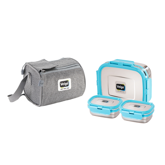 Veigo Daftar- Stainless Steel Large Lunch Box with Dual Veg Box in an Insulated Lunch Bag (All Ages)