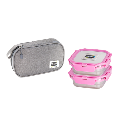Veigo Daily- Set of 2 Medium Stainless Steel Lunch Boxes in a flat Insulated Pouch (All Ages)