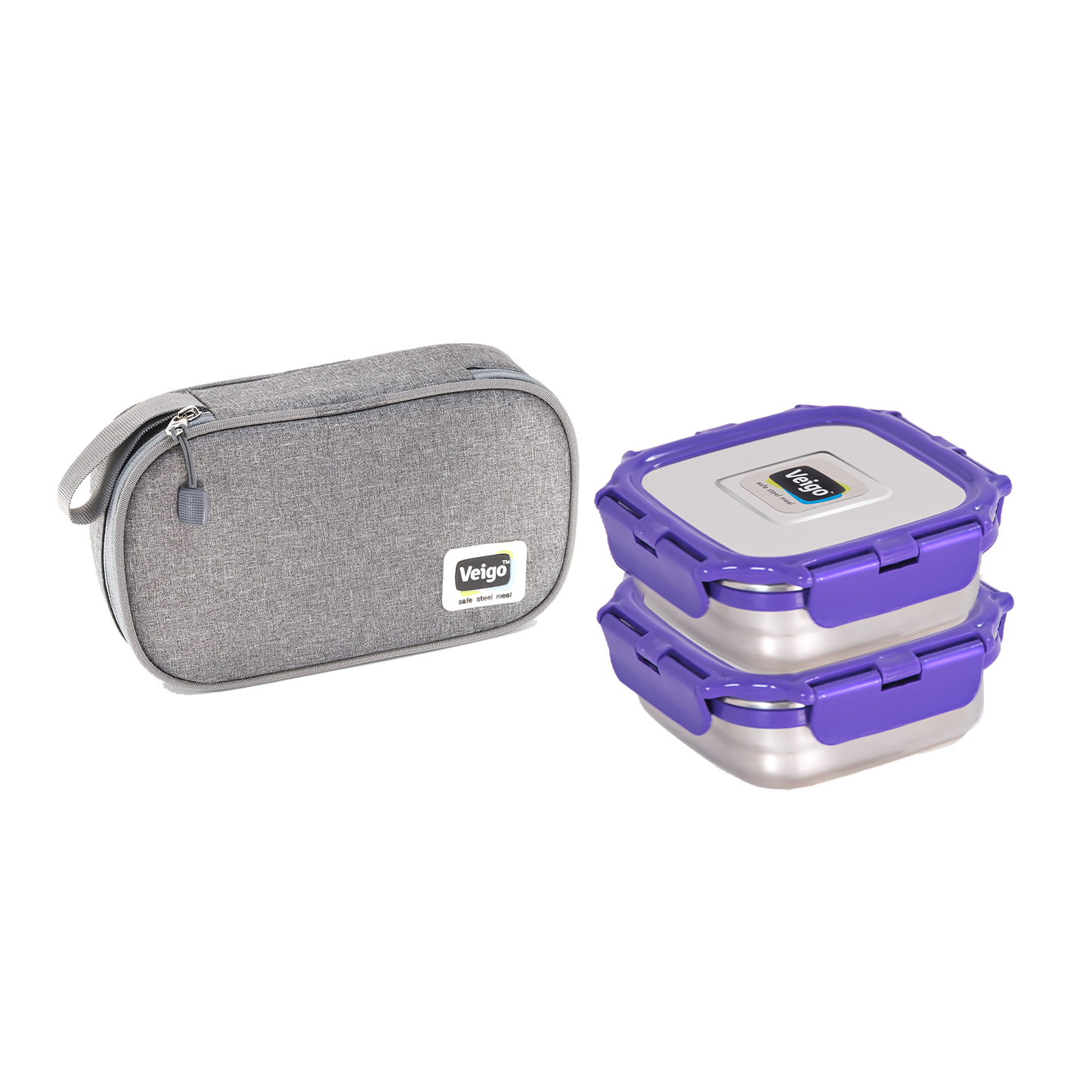 Veigo Daily- Set of 2 Medium Stainless Steel Lunch Boxes in a flat Insulated Pouch (All Ages)