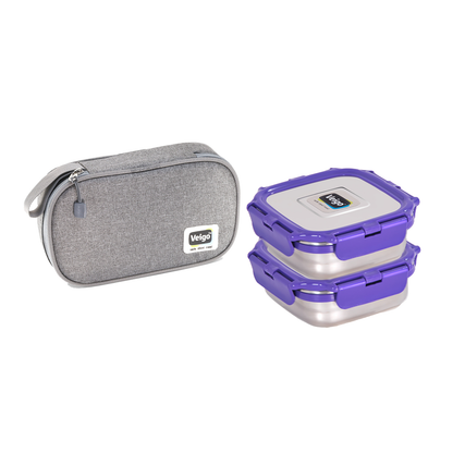 Veigo Daily- Set of 2 Medium Stainless Steel Lunch Boxes in a flat Insulated Pouch (All Ages)