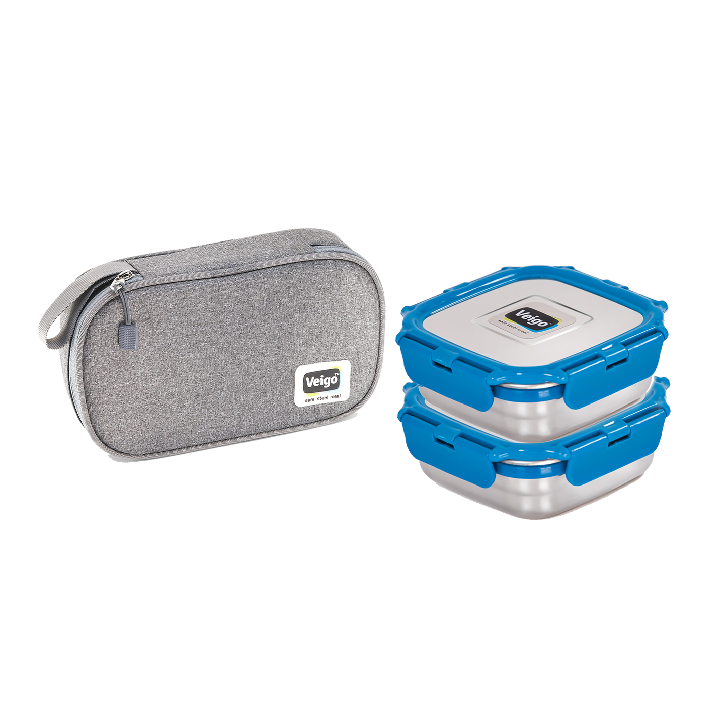 Veigo Daily- Set of 2 Medium Stainless Steel Lunch Boxes in a flat Insulated Pouch (All Ages)