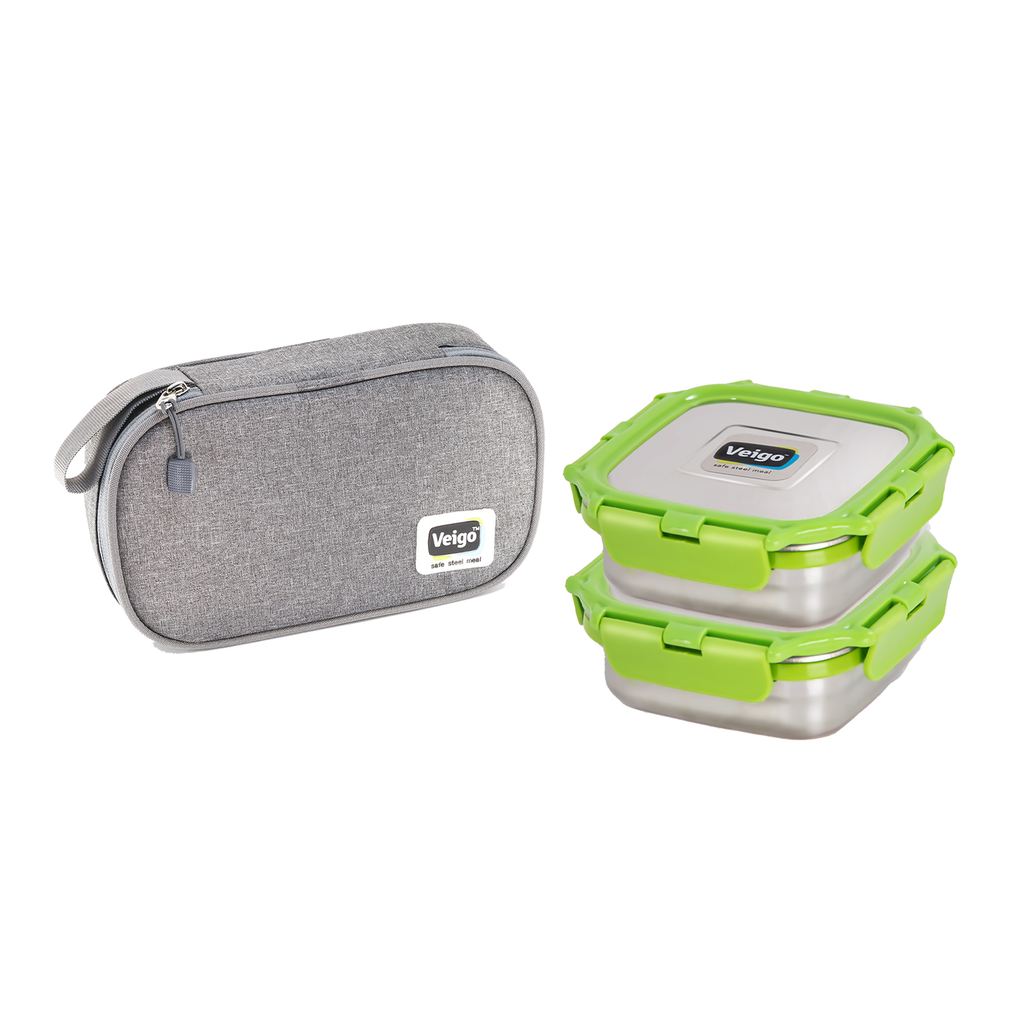 Veigo Daily- Set of 2 Medium Stainless Steel Lunch Boxes in a flat Insulated Pouch (All Ages)