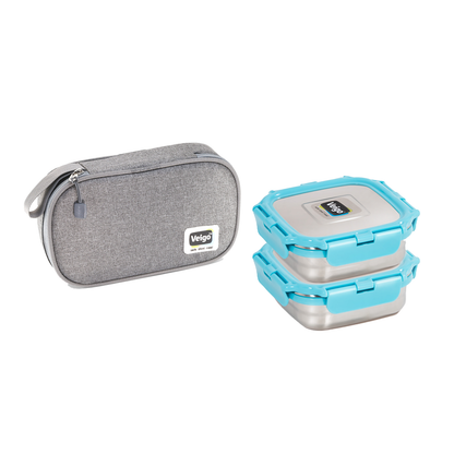 Veigo Daily- Set of 2 Medium Stainless Steel Lunch Boxes in a flat Insulated Pouch (All Ages)
