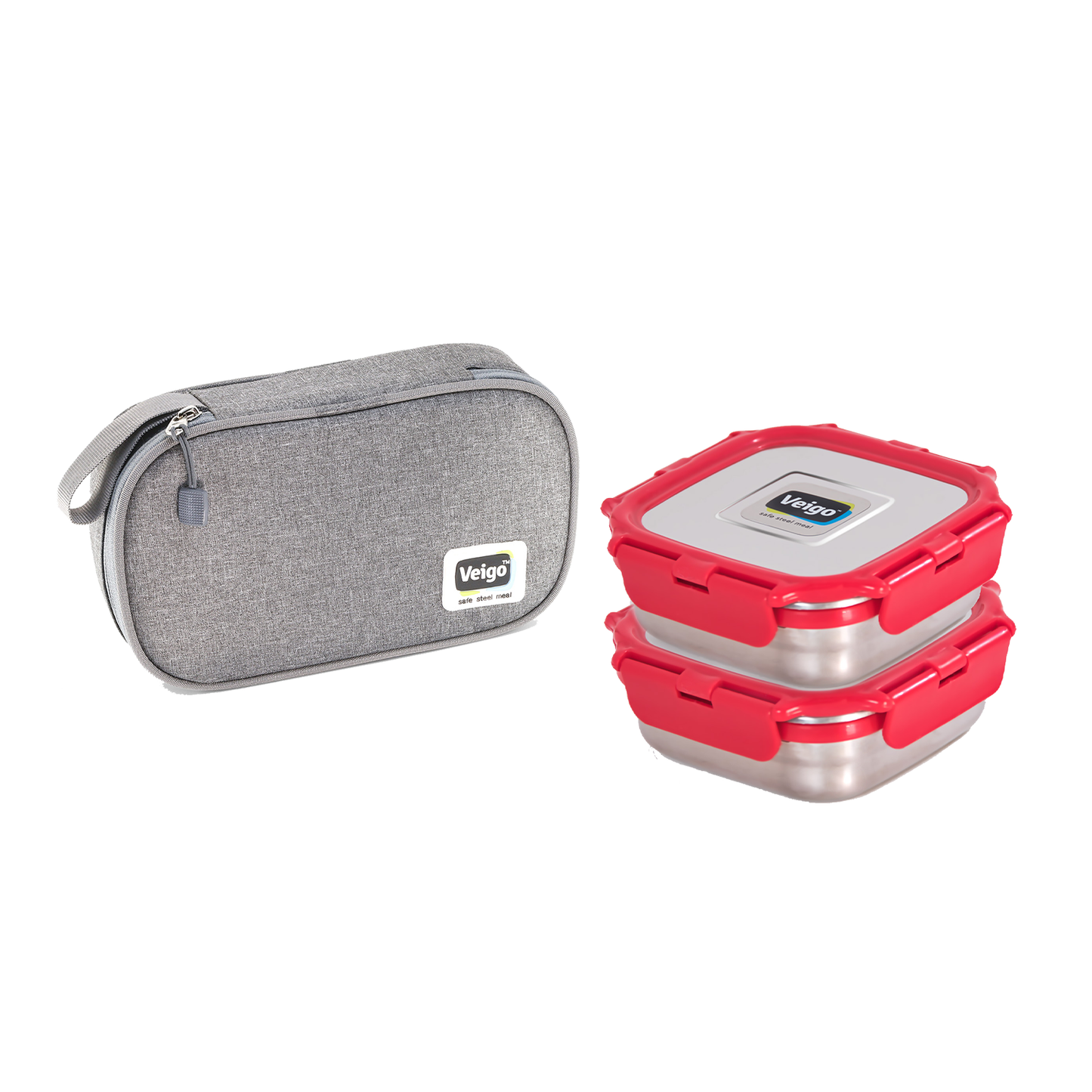 Veigo Daily- Set of 2 Medium Stainless Steel Lunch Boxes in a flat Insulated Pouch (All Ages)