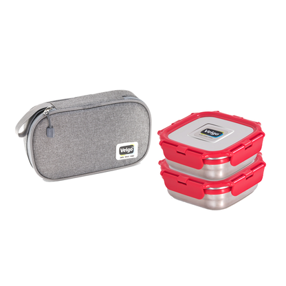 Veigo Daily- Set of 2 Medium Stainless Steel Lunch Boxes in a flat Insulated Pouch (All Ages)