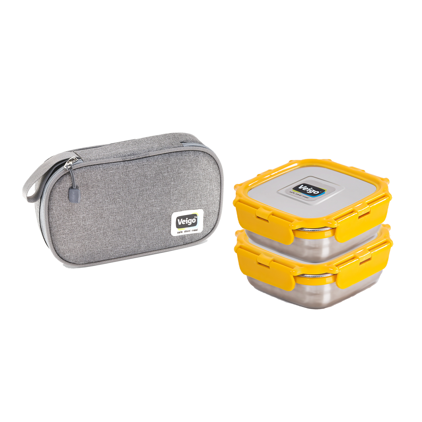 Veigo Daily- Set of 2 Medium Stainless Steel Lunch Boxes in a flat Insulated Pouch (All Ages)