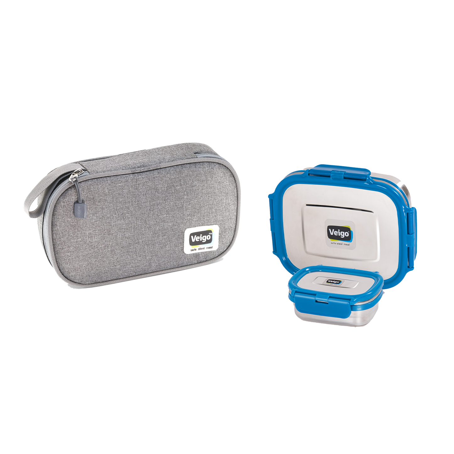 Veigo On The Go - Stainless Steel Large Lunch Box with Veg Box in a Flat Insulated Pouch (All Ages)