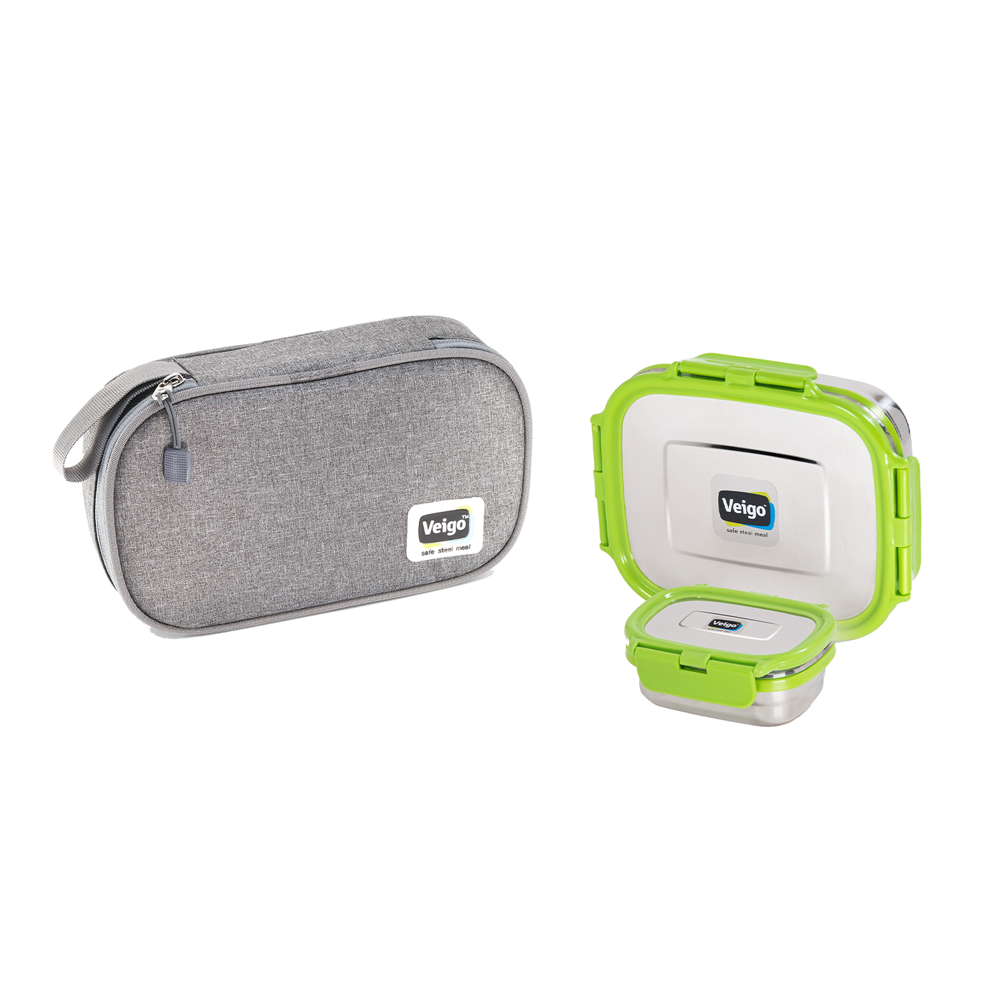 Veigo On The Go - Stainless Steel Large Lunch Box with Veg Box in a Flat Insulated Pouch (All Ages)