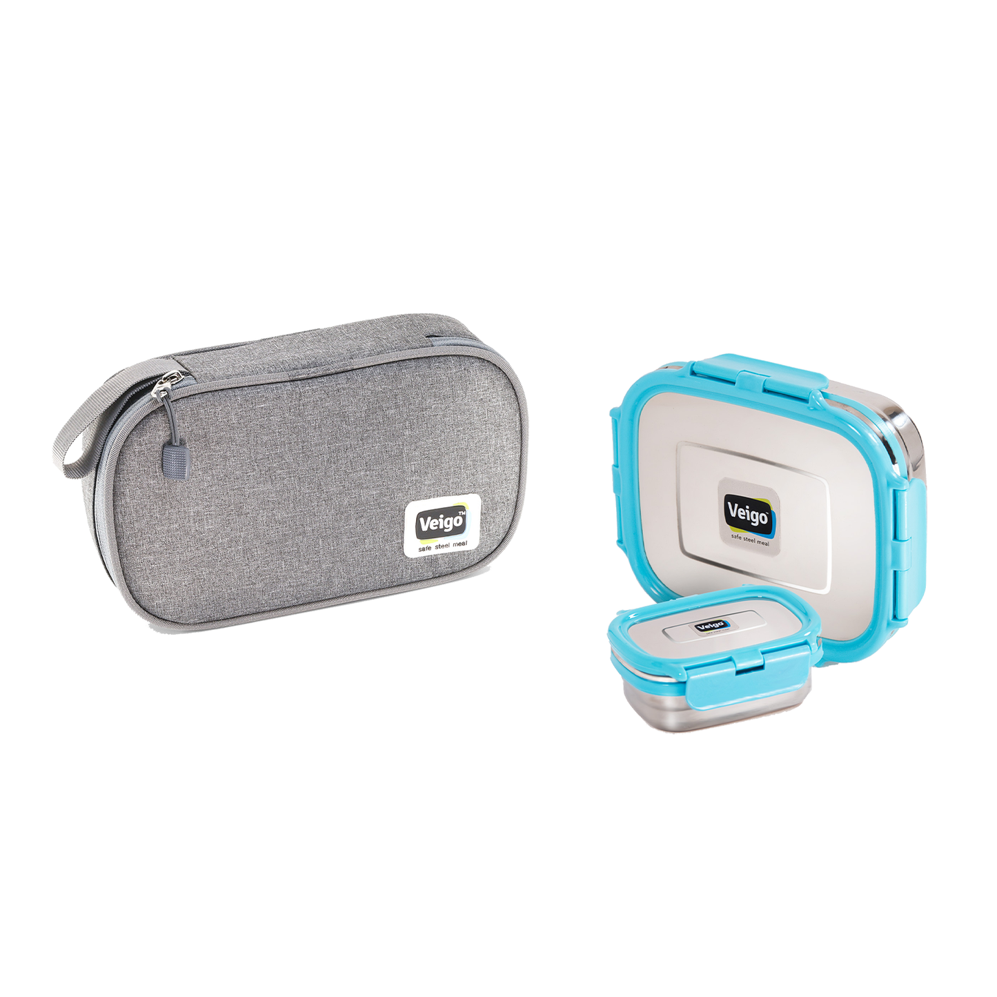 Veigo On The Go - Stainless Steel Large Lunch Box with Veg Box in a Flat Insulated Pouch (All Ages)