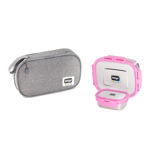Veigo On The Go - Stainless Steel Large Lunch Box with Veg Box in a Flat Insulated Pouch (All Ages)