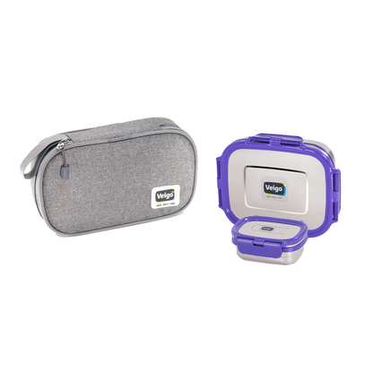 Veigo On The Go - Stainless Steel Large Lunch Box with Veg Box in a Flat Insulated Pouch (All Ages)