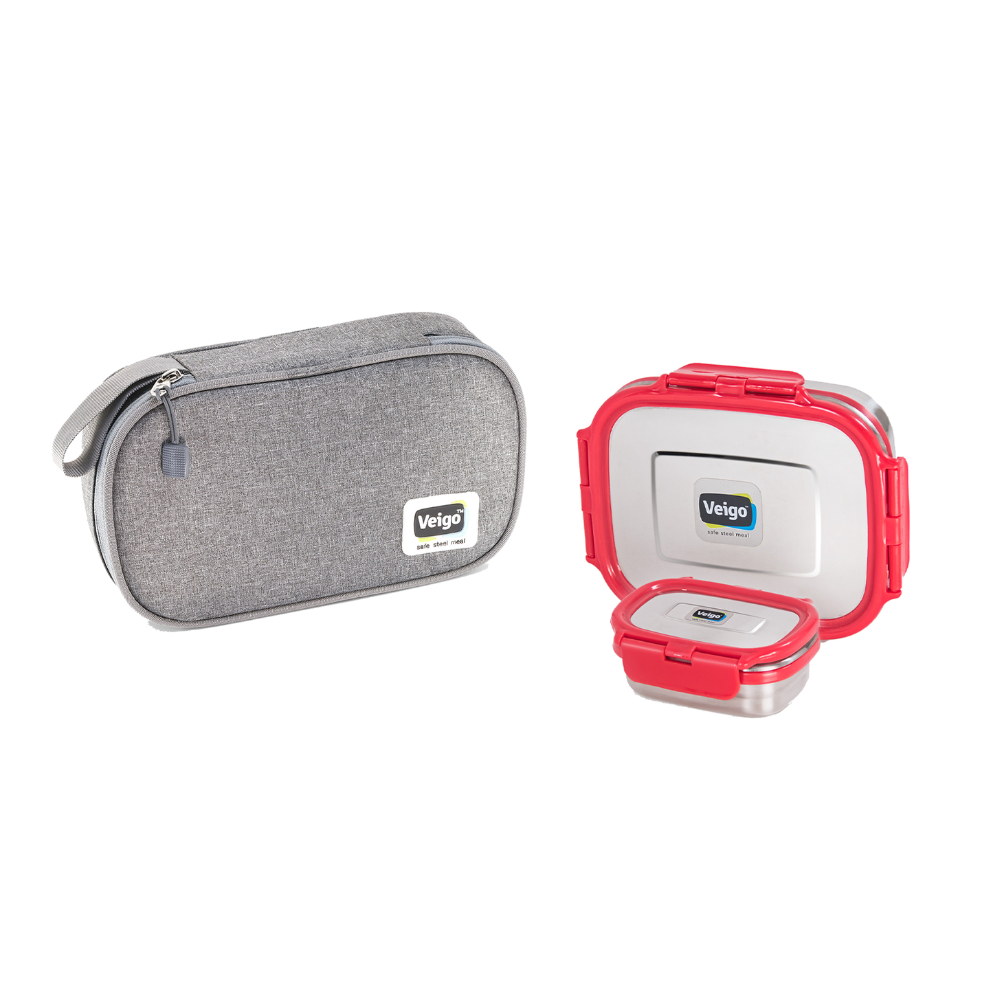 Veigo On The Go - Stainless Steel Large Lunch Box with Veg Box in a Flat Insulated Pouch (All Ages)