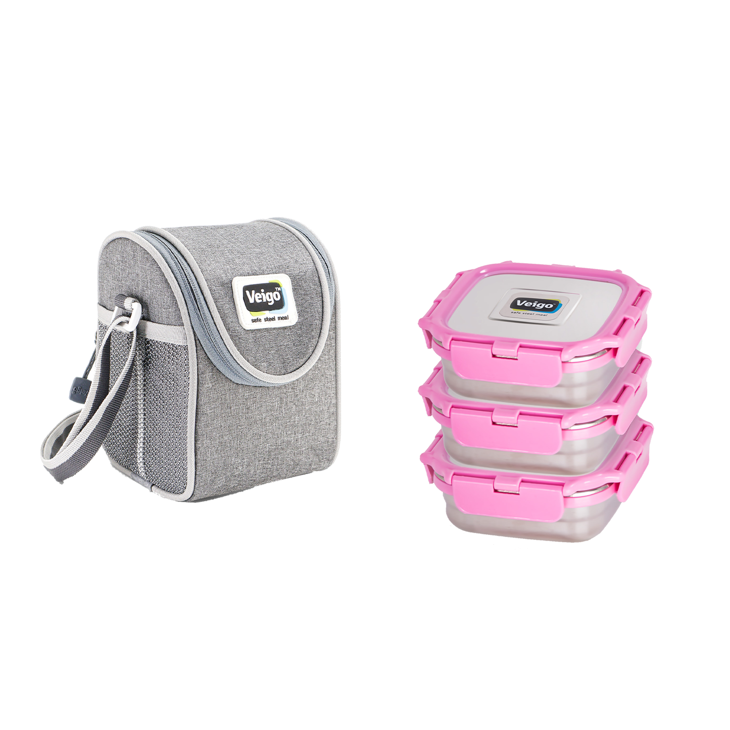 Veigo LunchBoss Combo- Tower of 3 Medium Stainless Steel Lunch Boxes in an Insulated Lunch Bag (All Ages)