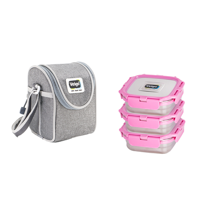 Veigo LunchBoss Combo- Tower of 3 Medium Stainless Steel Lunch Boxes in an Insulated Lunch Bag (All Ages)