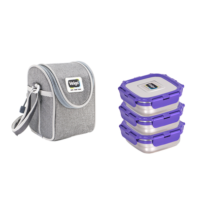 Veigo LunchBoss Combo- Tower of 3 Medium Stainless Steel Lunch Boxes in an Insulated Lunch Bag (All Ages)